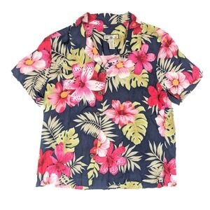 Caribbean Joe Hawaiian Floral Short Sleeve Button Up Top Petite Women's Size‎ L